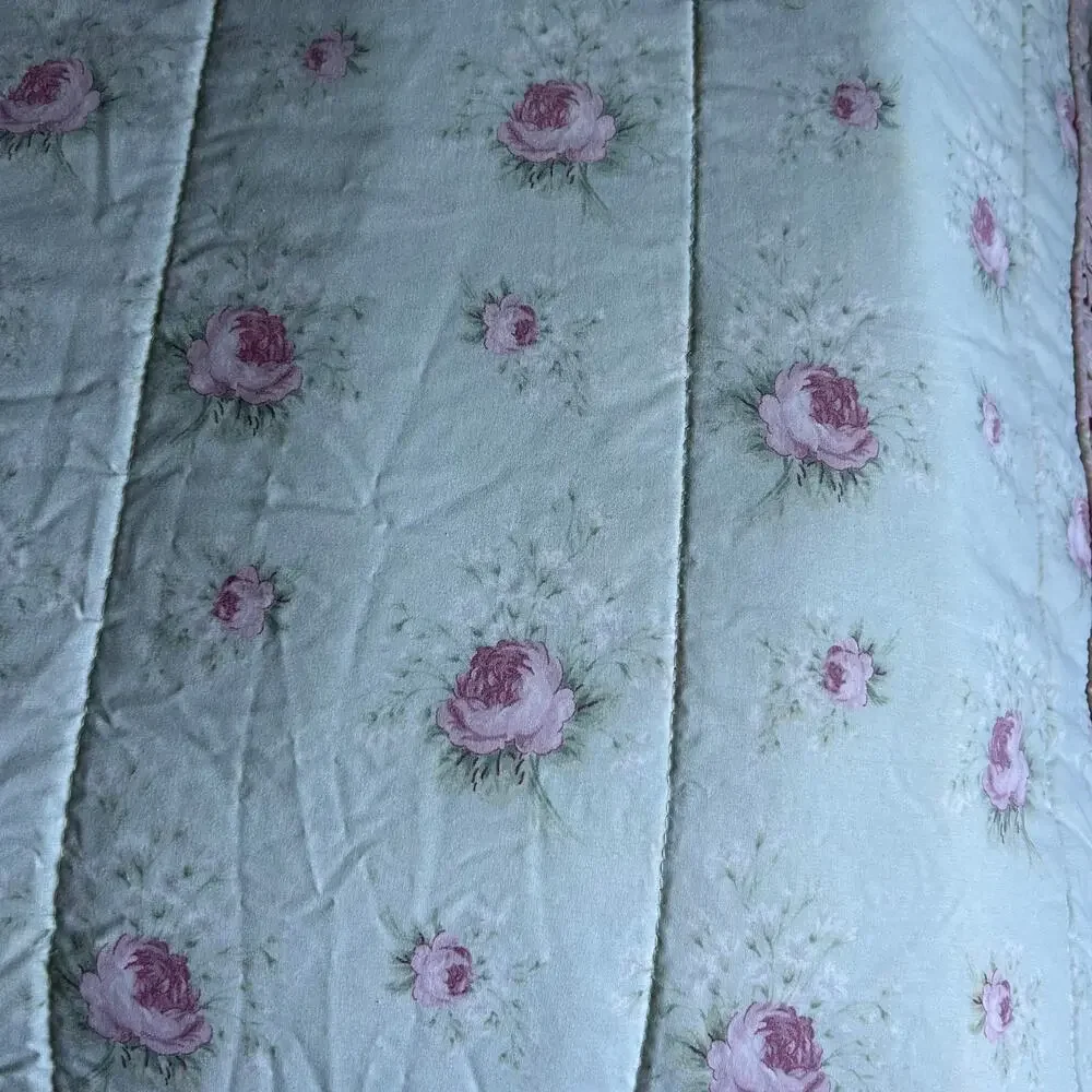 Laura Ashley Green Pink Rose rosemoor full comforter 2 shams cottage core ruffle